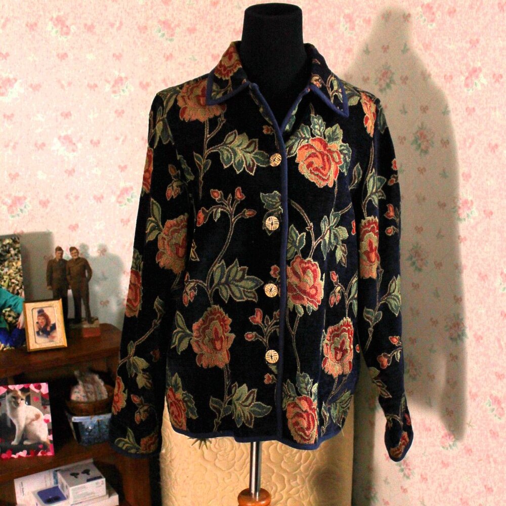 VTG New Direction Navy Blue Floral Tapestry Collared Jacket Blazer Size M